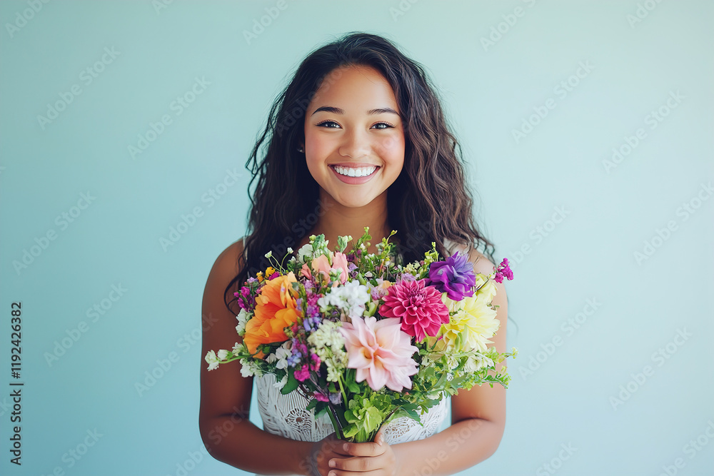 Smiling woman holds colorful bouquet of flowers in bright indoor setting Smiling woman holds colorful bouquet of flowers in bright indoor setting