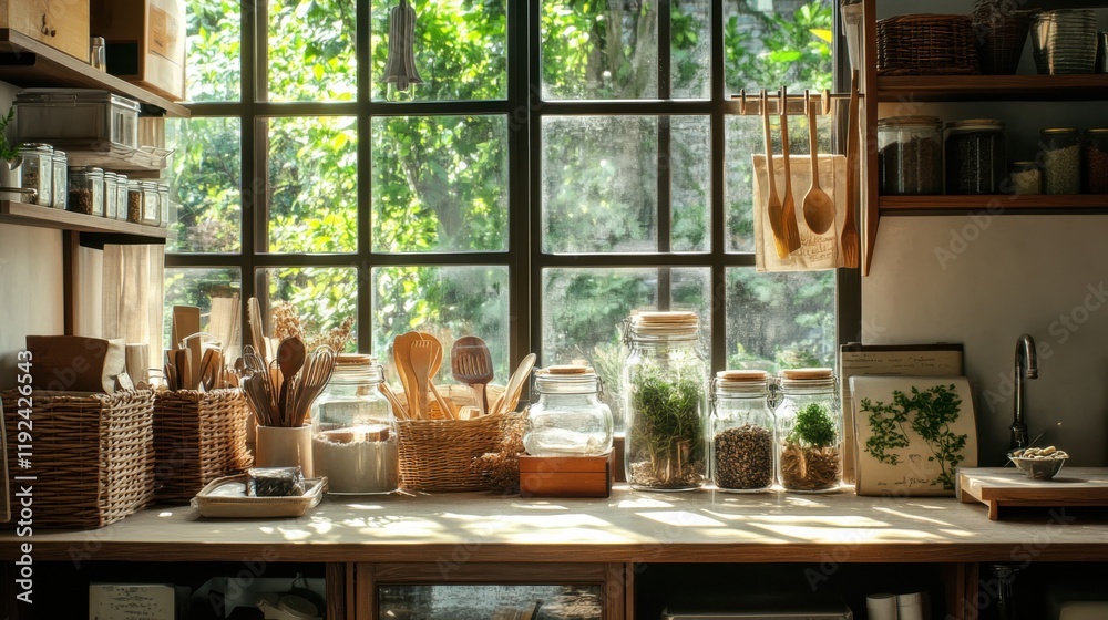 Fototapeta premium Sunlit kitchen with jars and natural decor