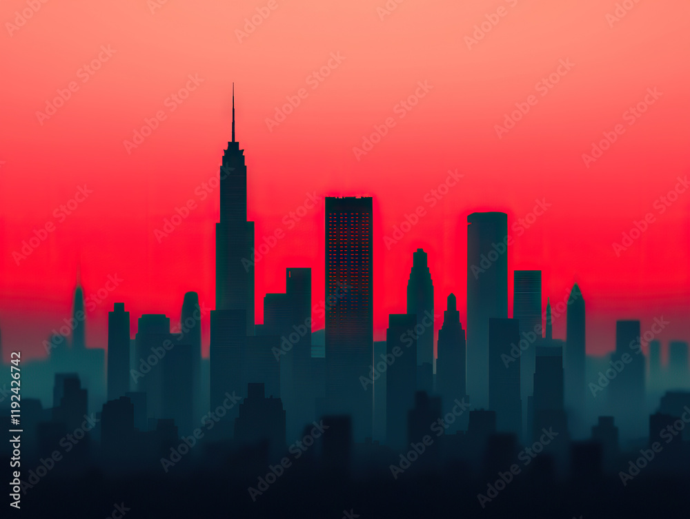 Obraz premium vibrant city skyline silhouetted against dramatic red and orange sunset, evoking awe