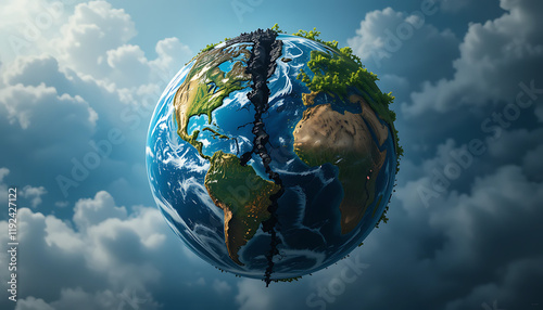 Planet earth with one half destroyed and one half preserved, earth day concept, environment preservation concept, Generative AI