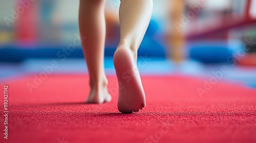 A close-up of a person's bare foot walking on a red mat in a gym setting.