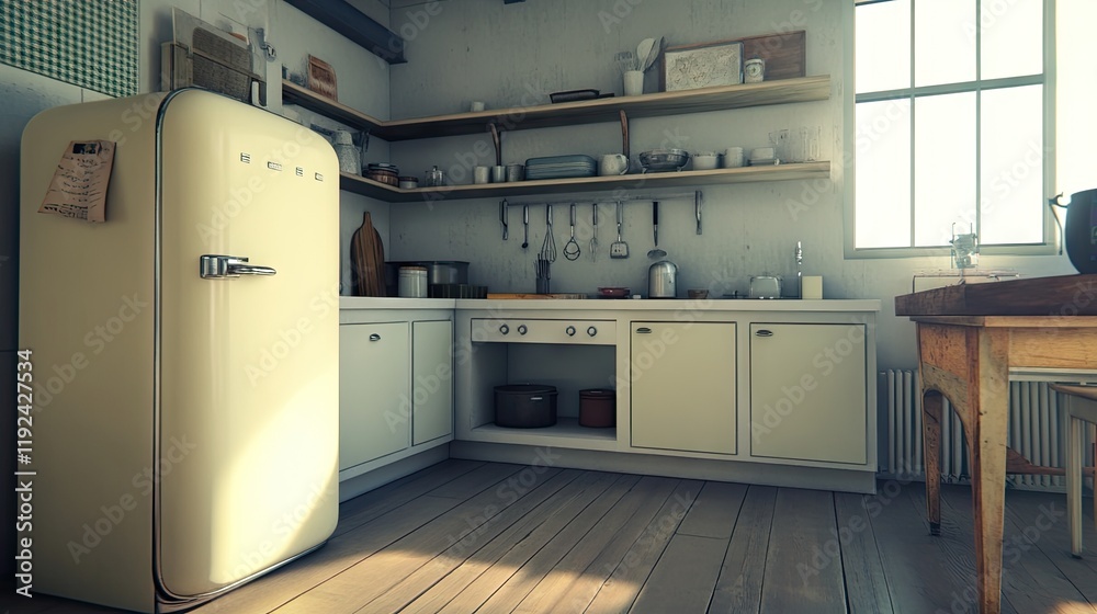 A clean and minimal white kitchen with a retro cream refrigerator and open shelving. A clean and minimal white kitchen with a retro cream refrigerator and open shelving.