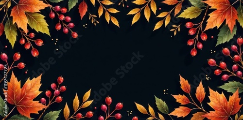 Autumnal Design Featuring Vibrant Maple Leaves and Red Berries on a Dark Background
