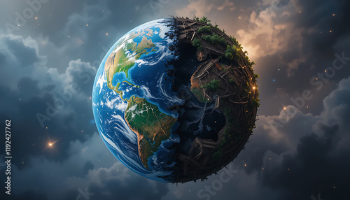 Planet earth with one half destroyed and one half preserved, earth day concept, environment preservation concept, Generative AI