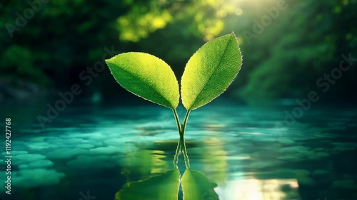 Green leaf ascends through clear water, bathed in sunlight, symbolizing renewal and a return to light. A tranquil scene of rebirth and hope in nature beauty
