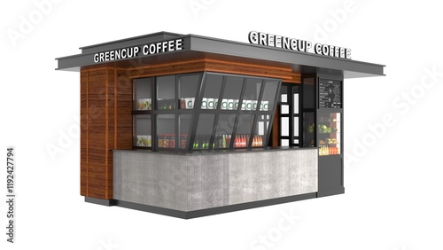 3d illustration kiosk stand booth market cart for selling products food drink coffee stall for advertising and mockup, A rendering of a food kiosk that has a black roof and a black panel