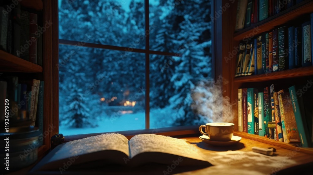 Fototapeta premium Cozy study setup with books and a hot drink near a snowy window