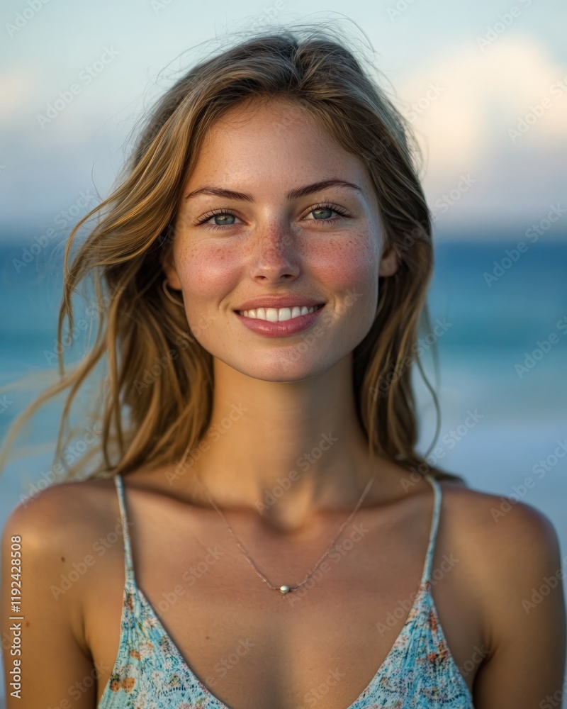 Close-up portrait of a smiling young woman with long blonde hair, wearing a floral dress, at the beach during sunset. Close-up portrait of a smiling young woman with long blonde hair, wearing a floral dress, at the beach during sunset.