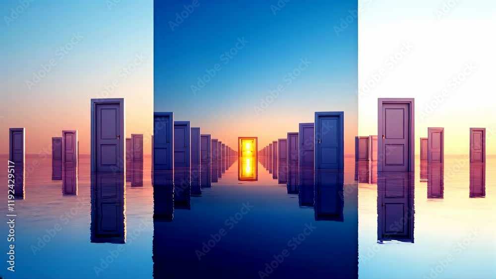 Giant mirror reflects infinite doors radiating light, symbolizing how every choice unlocks new horizons, creating a journey of limitless opportunities