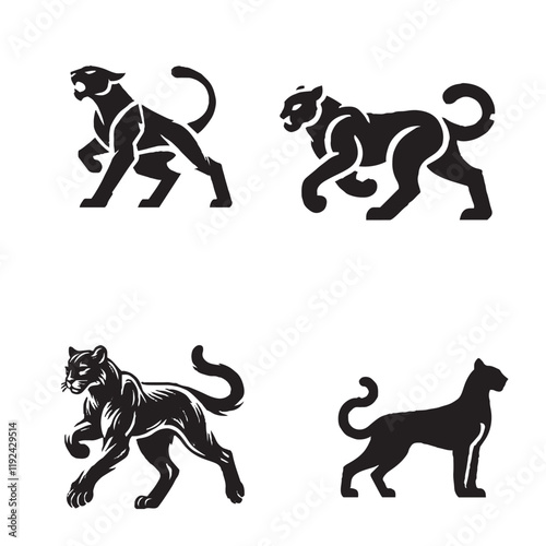 High-Quality Four Set of Monochrome Vector Silhouettes of the Puma