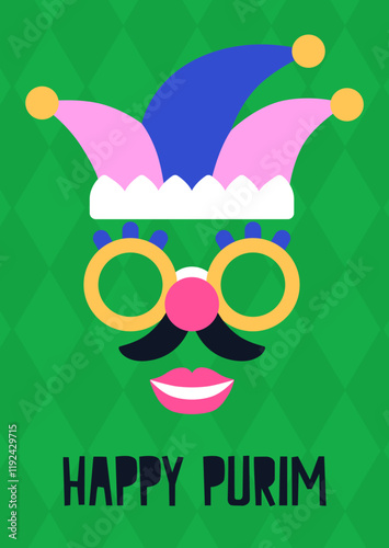 Happy Purim card design, funny jester in clown hat. Masquerade, carnival holiday party poster with face mask, glasses and mustache. Festive comic joker in festival cap. Flat vector illustration