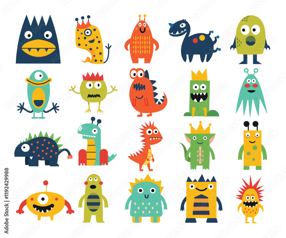 Naklejka premium Vector Set of Adorable Monster Illustrations