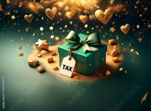 A teal gift box, adorned with a green ribbon, sits amidst golden stars and hearts. A tag marked 