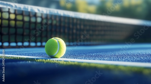 A close-up of a tennis ball resting on a court near the net.