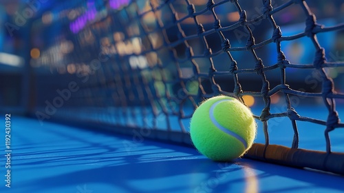A close-up of a tennis ball resting against the net on a court, highlighting sports equipment.