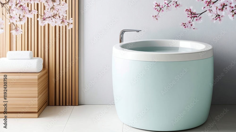 Fototapeta premium Serene Modern Bath Space with Minimalist Design and Cherry Blossoms
