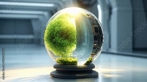 Transparent sphere with glowing halves, one of plants and one of microchips, symbolizes the perfect harmony between innovation and ecology for a sustainable future