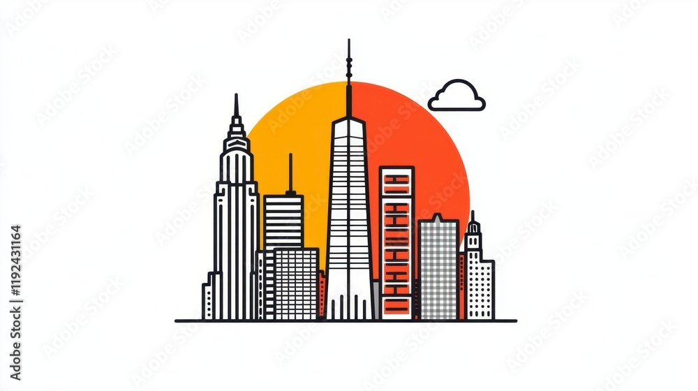 Obraz premium Skyline Illustration of Modern and Classic Buildings at Sunset