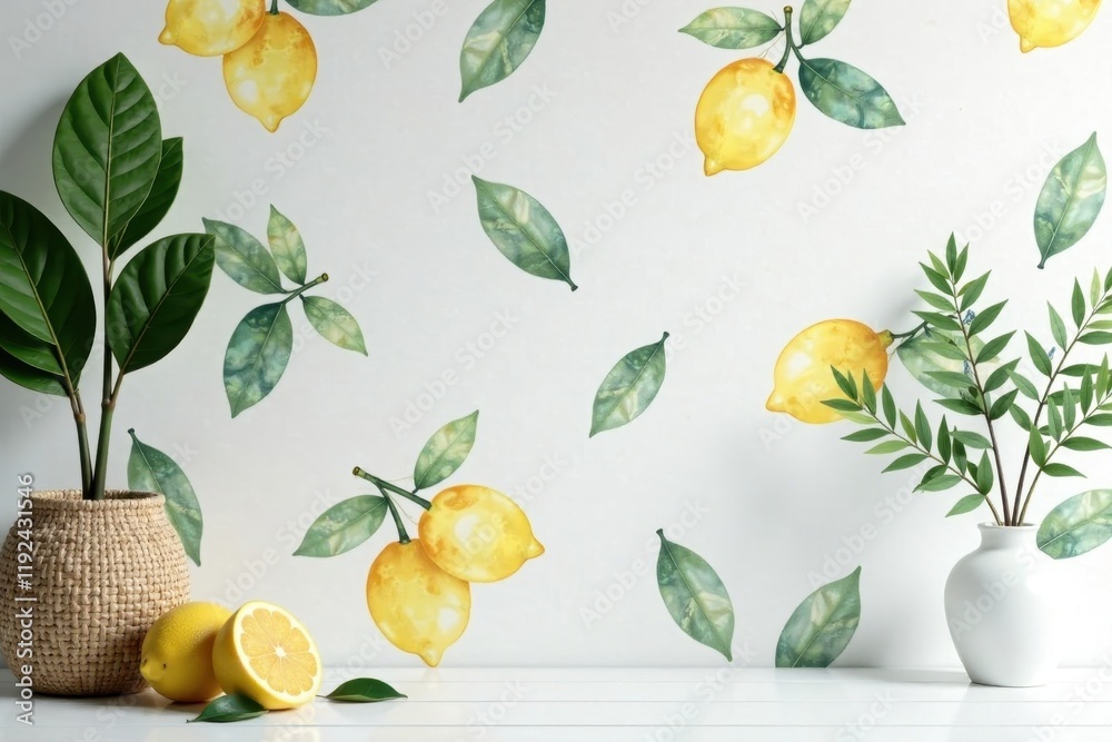 Obraz premium A Vibrant Still Life Featuring Lemons and Greenery Against a Lemon-Themed Wall Decor