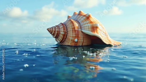 Vibrant seashell rests on a calm ocean surface, reflecting sunlight under a bright blue sky. A serene and picturesque scene that blends nature's beauty and tranquility