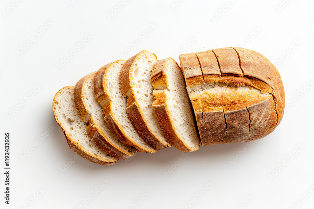 Cutting fresh baked loaf wheat baguette bread isolated on white Cutting fresh baked loaf wheat baguette bread isolated on white
