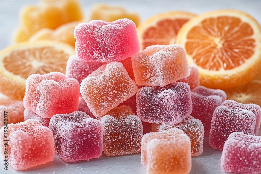 Sugary Citrus Flavored Gummies Near Slices Of Orange Sugary Citrus Flavored Gummies Near Slices Of Orange