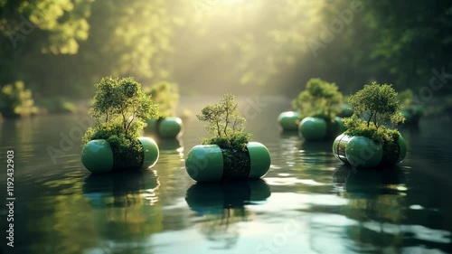 Capsules float on water, sprouting plants to form thriving floating islands. A vision of nature's innovation and restoration of aquatic ecosystems