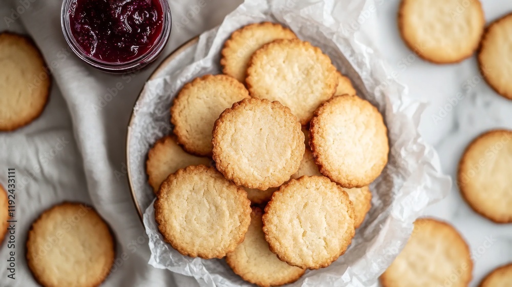 Almond flour cookies with sugarfree jam on parchment paper Almond flour cookies with sugarfree jam on parchment paper