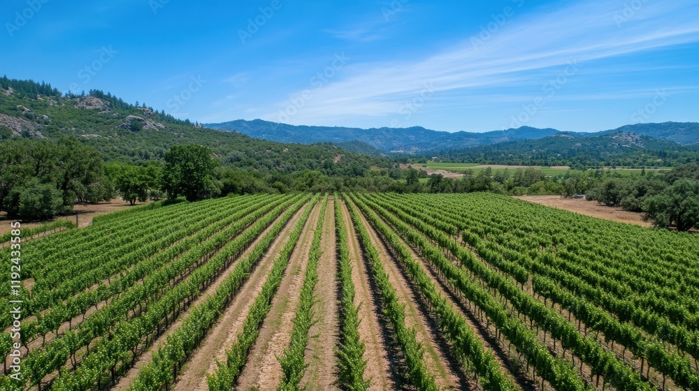 Aerial View of Lush Vineyard Rows in a Scenic Mountain Valley Under a Clear Blue Sky. Aerial View of Lush Vineyard Rows in a Scenic Mountain Valley Under a Clear Blue Sky.