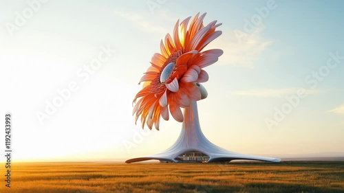 Wind turbine designed as a flower with rotating petal-like blades generating electricity. A vision blending renewable energy with artistic elegance and innovation