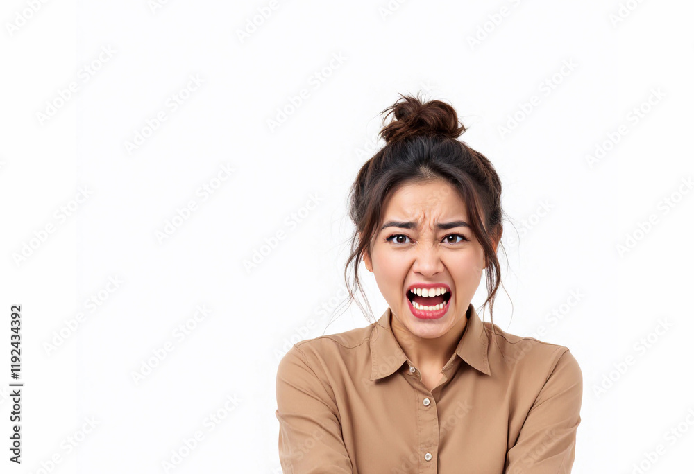 Portrait of an upset Asian woman in a brown shirt expressing anger, isolated on white. Ideal for emotions, conflict, and business concepts. Portrait of an upset Asian woman in a brown shirt expressing anger, isolated on white. Ideal for emotions, conflict, and business concepts.