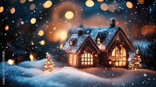 Wallpaper Mural Enchanting Winter Scene Miniature Snow-Covered House with Glowing Christmas Lights and Falling Snow. Torontodigital.ca