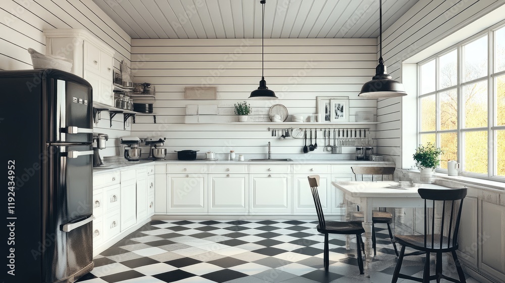 Fototapeta premium A spacious white kitchen featuring a checkerboard floor and retro pendant lighting.