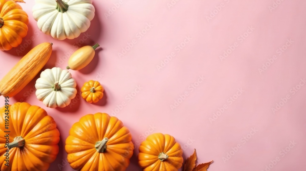 Autumnal Harvest Display Pumpkins, Gourds, and Fall Leaf on Pink Background Autumnal Harvest Display Pumpkins, Gourds, and Fall Leaf on Pink Background