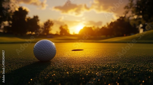 A close-up view of a golf ball near a hole at sunset on a golf course.