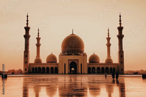 Wallpaper Mural A stunning view of a grand mosque with domes and minarets at sunset, reflected on a polished surface. Capturing Islamic architecture, Ramadan theme. Torontodigital.ca