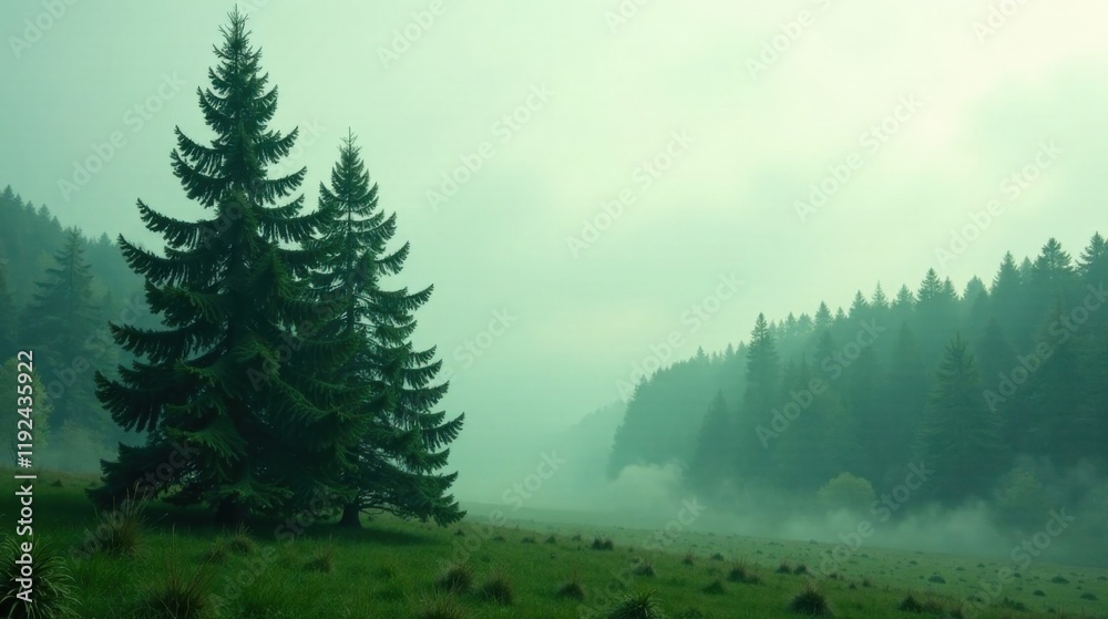Fototapeta premium Serene Evergreen Trees in a Misty Meadow Landscape with a Distant Forest