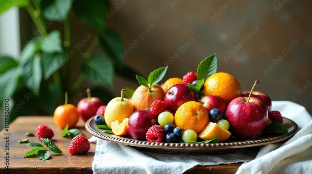 A Bountiful Arrangement of Fresh Fruit on an Ornate Platter, Featuring Apples, Oranges, Raspberries, and Grapes, Displayed Elegantly on a Rustic Wooden Table A Bountiful Arrangement of Fresh Fruit on an Ornate Platter, Featuring Apples, Oranges, Raspberries, and Grapes, Displayed Elegantly on a Rustic Wooden Table