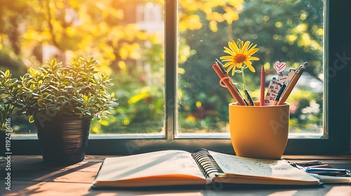 A handwritten study journal open to neatly organized notes, colorful highlighters and decorative stickers, natural sunlight from a window nearby, creative and inspiring mood photo