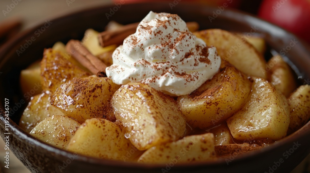 Baked apple slices with cinnamon and unsweetened whipped cream Baked apple slices with cinnamon and unsweetened whipped cream