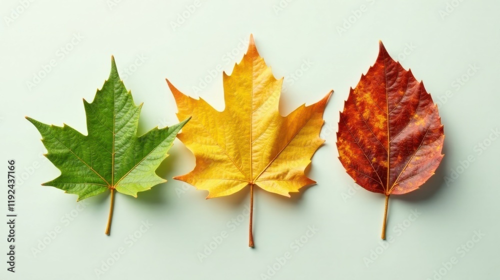 Obraz premium A Serene Display of Autumnal Foliage Three Leaves in Progression from Vibrant Green to Golden Yellow and Deep Reddish Brown on a Soft, Pale Background