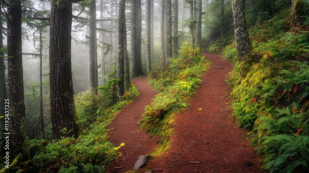 Naklejka premium Birds-eye view of a foggy forest trail winding through the trees.