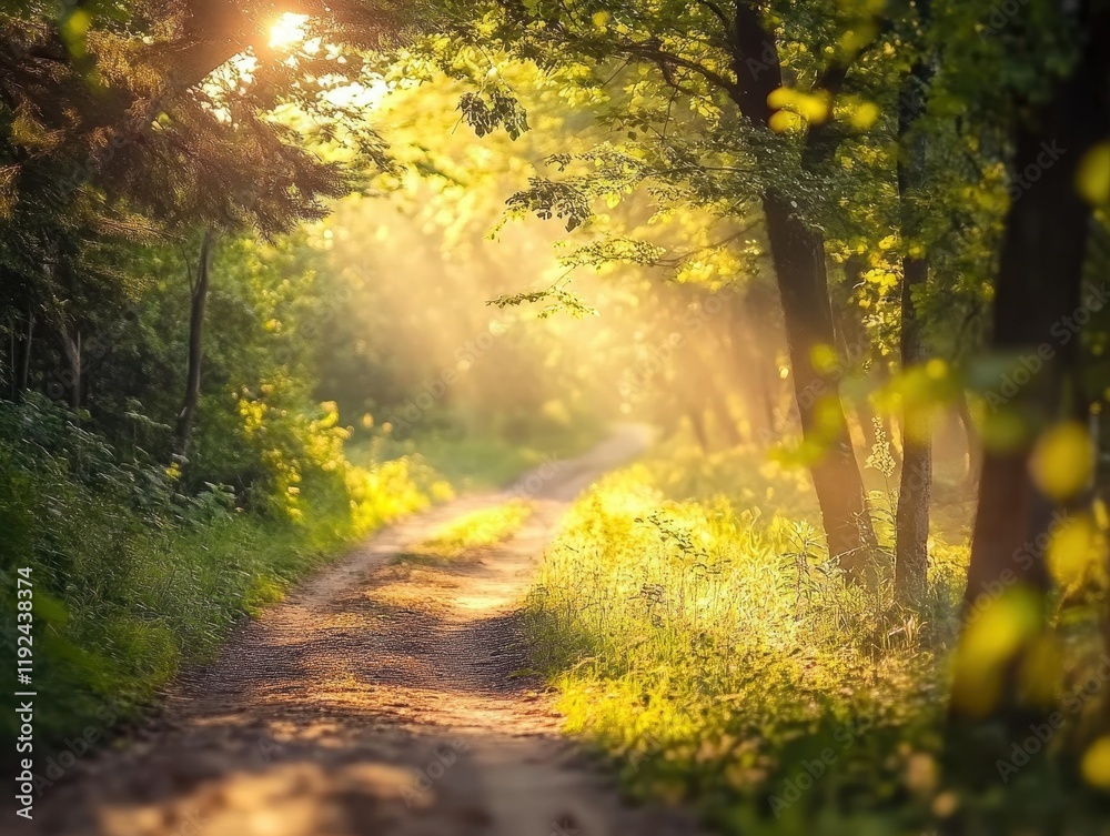 Obraz premium Golden Sunlight Filtering Through a Forest Path at Dawn.