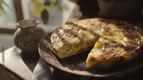 Golden Spanish Tortilla: A Slice of Sunshine on a Rustic Plate photo