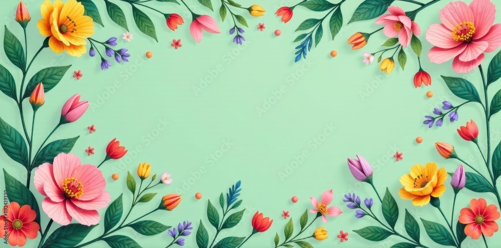 Obraz premium A vibrant springtime floral arrangement, featuring a delightful assortment of blossoms and leaves, creates a charming and cheerful frame, perfect for celebratory announcements or greeting cards.