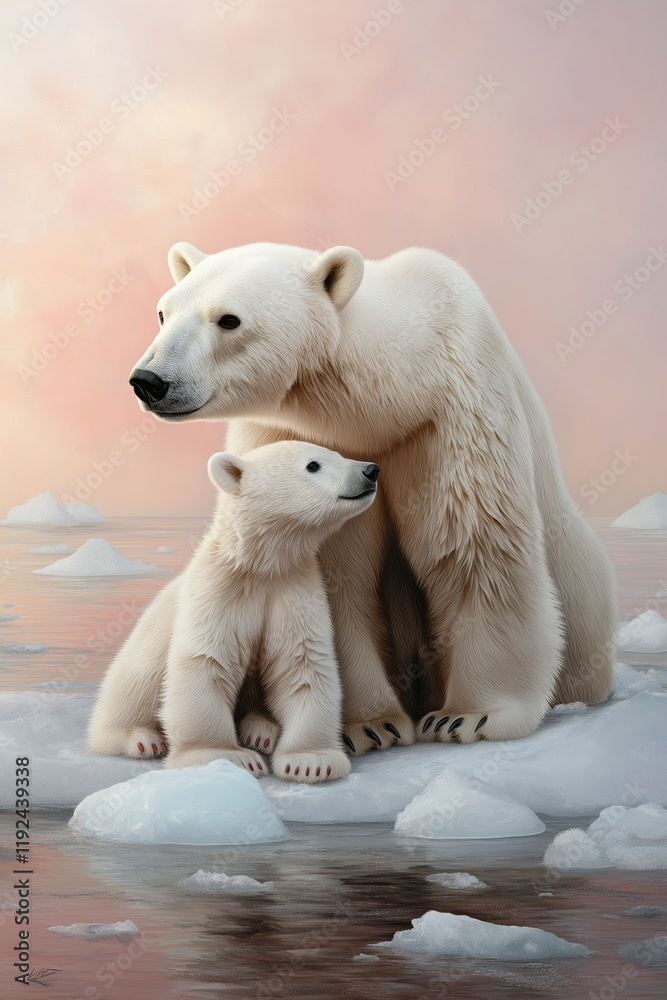 Fototapeta premium Polar bears embrace tenderly on an icy landscape during a serene pastel sunset over the Arctic ocean. Generative AI