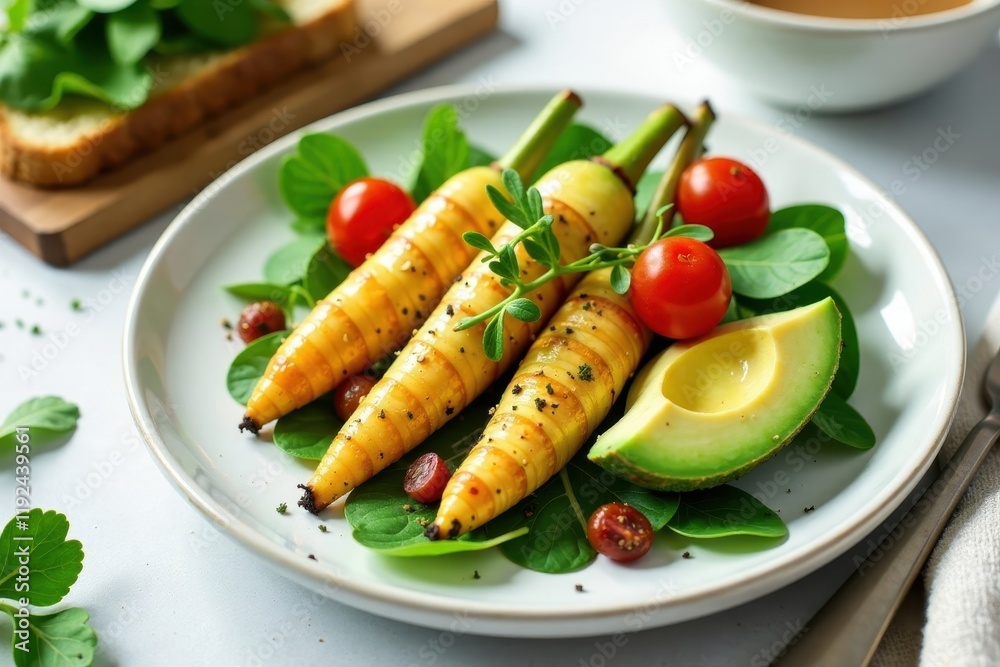 Roasted root vegetables served on a bed of fresh greens with avocado and cherry tomatoes Roasted root vegetables served on a bed of fresh greens with avocado and cherry tomatoes