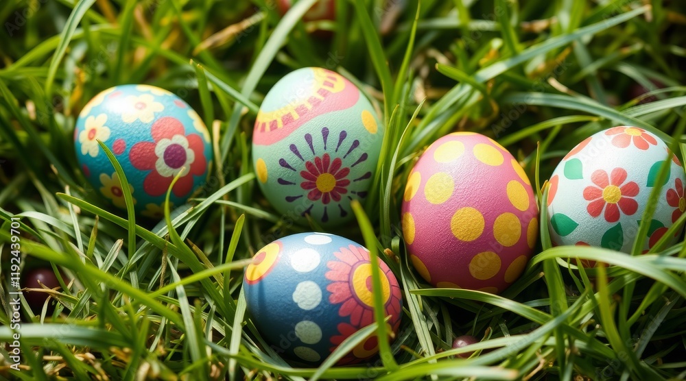 Brightly patterned Easter eggs nestled in lush green grass in a sunlit garden setting Brightly patterned Easter eggs nestled in lush green grass in a sunlit garden setting