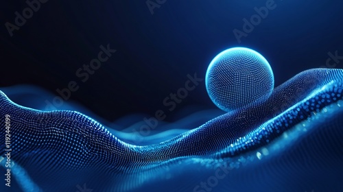A digital landscape featuring a glowing sphere above flowing waves of particles.