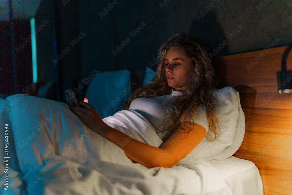 Obraz premium Young lady checking her phone before getting to sleep.